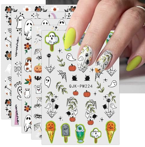 JMEOWIO 9 Sheets Halloween Nail Art Stickers Decals Self-Adhesive Cute Colorful Ghost Pumpkin Nail Supplies Nail Art Design Decoration Accessories