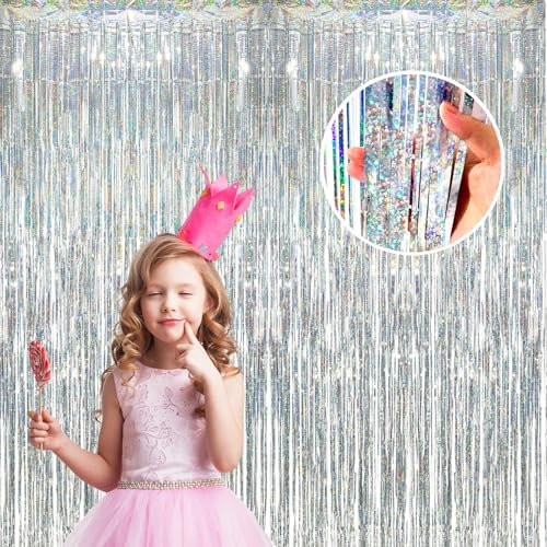 Lametta Vorhang Silber 2 Stück (1m x 3m) | Metallische Glitzer Folien Fransen Vorhang | Funkelnder Tinsel Vorhang für Geburtstag, Hochzeit, Party, Weihnachten, Disco, Festivals & Bühnendekor