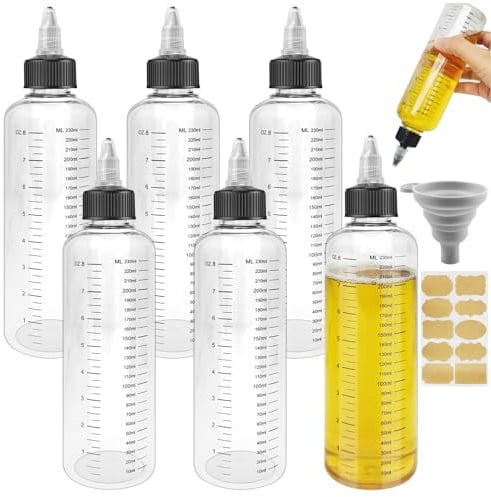 Realure 6 Pcs Bouteille Sauce 250ml, Flacon Vide Vinaigrette, Transparente Squeeze Bottle avec Échelle, Recipient Sauce, Fiole Plastique avec Bouchon à Pointe et Entonnoir, pour les Liquides, Huiles
