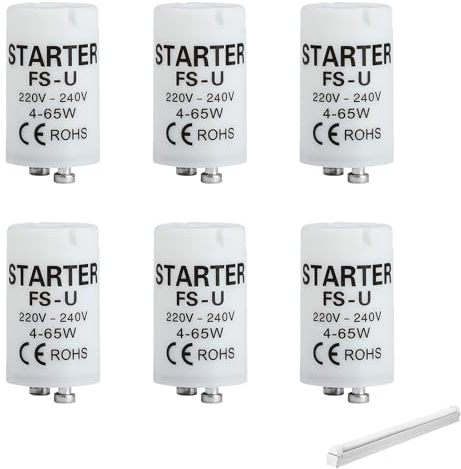 Pack di 6 Starter Neon 4-65W, Starter Universale Lampade Neon, Starter per Lampade Fluorescenti, Compatibili con Neon da 220-240V, Ideali per Uso Domestico e Professionale, Facilità di Installazione