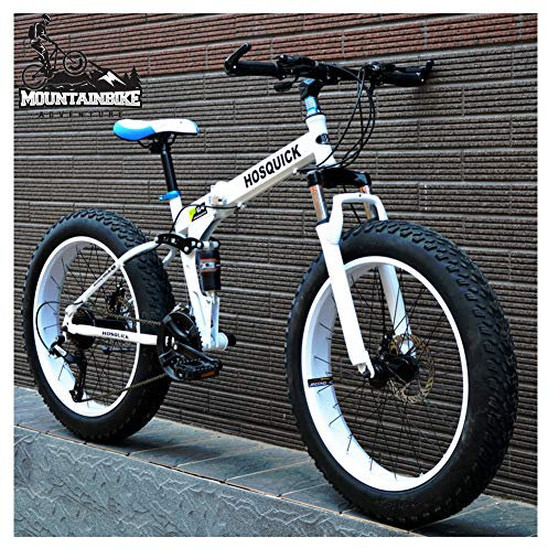 Fat Tire Mountainbikes 26 Zoll Doppelfederung für Männer und Frauen, Faltbares Mountainbike für Erwachsene mit mechanischen Scheibenbremsen, Mountainbike aus Kohlenstoffstahl,Weiß,30 Geschwindigkeit
