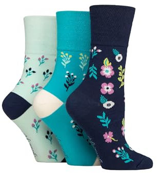 SockShop Gentle Grip Ladies Floral Spotted Patterned and Striped Honeycomb Top Cotton Socks in a Multipack of 3 Assorted Colours Size 4-8 Bohemian Floral Blue/Turquoise/Aqua