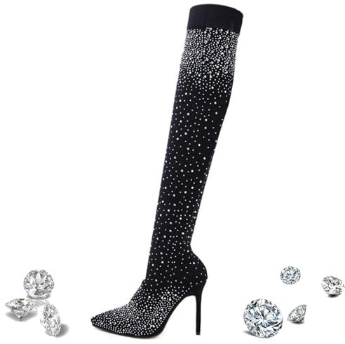 LTHTX Stivali da donna sopra il ginocchio con strass scintillanti, stivali neri con paillettes per donna stivali alti con strass lucidi, Nero , 37 EU