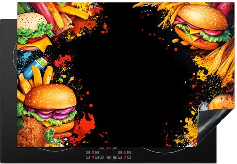 KitchenYeah© Protection Pour Plaque Induction 76x51 cm Plaque de Deco Cuisine Protégé Cache De Cuisson Vitroceramique Fast food - Graffiti - Hamburger - Nourriture - Modern