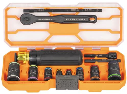 Klein Tools 65242 KNECT Impact Socket Set, Ratcheting Screwdriver Set, 1/4-Inch Drive, SAE and Metric Flip Sockets, 16 Hex Sizes, Adapters, MODbox Case