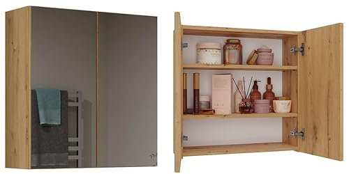 BDW Armario de baño colgante con espejo Pola de 1 a 2 puertas, armarios colgantes para baño, espejo, ancho 40 y 60 cm (roble artesano, ancho 60 cm)