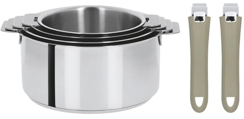 Cristel - Série de 4 casseroles Mutine amovibles Ø14 - Ø16 - Ø18 - Ø20 cm + 2 poignées amovibles taupe - Cristel