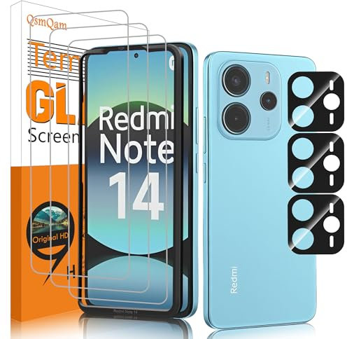 QsmQam 3 Piezas Protector de Pantalla para Xiaomi Redmi Note 14 4G (No Compatible con 5G) con 3 Piezas Protector de Lente de Cámara, Ultra HD Cristal Templado, Dureza 9H, Anti Arañazos, Sin Burbujas