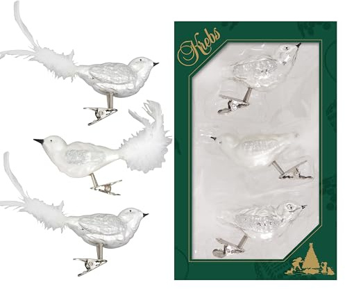 Krebs Glas Lauscha - Weihnachtsdekoration/Christbaumschmuck aus Glas - Vögel auf Clip - Farbe: Silber/Satin - 3 Stück - Größe: ca. 11 cm