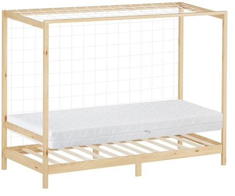 ML-Design Kinderbett Fußballtor 90x200 cm mit Matratze H:16cm, Natur, Kinder Einzelbett, Holzbett mit Lattenrost/Tornetz, Jugendbett Kiefernholz, Bettgestell Spielbett Bett Fußballbett-Tor Handballtor