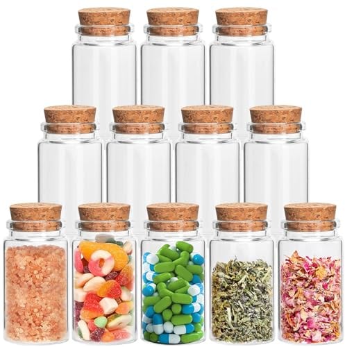 Acetiti 12 Pezzi 100ml/3.38oz Mini Bottiglie di Vetro, Piccoli bottiglia con Tappo Sughero trasparenti mini fiale Vasetti in vetro per DIY Bomboniere decorazioni Matrimoni Regalo artigianato Feste