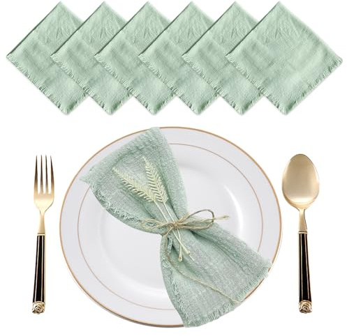 6er Set Stoffservietten 42x42 cm, Weiche Stoffservietten Grün mit Fransen | Musselin Serviette Weich, Servietten Musselin Wiederverwendbar, Rustikale Leinenserviette für Hochzeit, Party, Brautparty