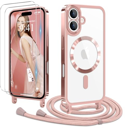 Ethanger für iPhone 17 Hülle mit Band + 2 Schutzfolie, Rosa | Handyband Transparent Silikon Handyhülle, Magnetische Schutzhülle Case zum Umhängen Kordel