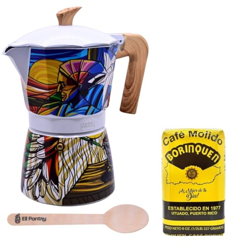 Puerto Rico Greca de Cafe Gift Set | Boricua Art Stovetop Coffee Maker & Moka Pot | with Authentic Cafe Borinquen | Cafetera, 6 Espresso Cups