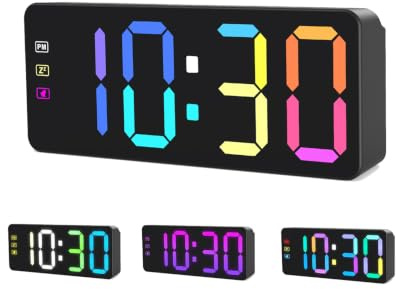 KWANWA RGB Digital Alarm Clock,Battery Backup, Mains Powered | Plug in,Large LED Display,3 Levels Brightness,Snooze Function,Adapter Included,12/24H,3 AA Battery not included