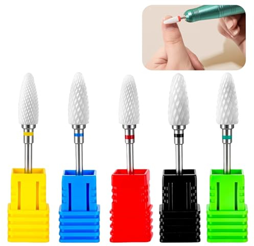 Juego de brocas de cerámica para uñas de 3/32'', Juego Profesional para Manicura y Pedicura, Incluye Brocas Extrafina a Extra Gruesa, Ideal para Gel y Acrílico (5 Piezas) ﻿ ﻿