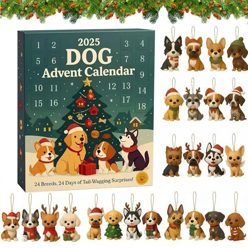 Noetopolis Hunde Adventskalender 2025, 24 Tage Weihnachten Adventskalender Hund, Weihnachts Countdown Kalender mit 24 Süßen 2D Acryl Schäferhund Dackel Mops für Kinder Erwachsene Hundeliebhaber