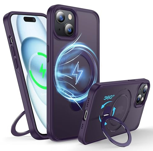 FNDMIL 360° Rotatable Magnetic Ring for iPhone 15 Case with MagSafe | [Non-slip Texture Edge][Built-in Kickstand][Military Shockproof] Translucent Matte Soft Silicone Bumper Slim,Purple