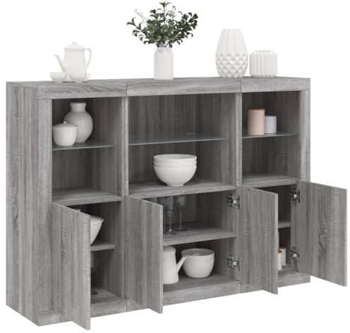 QZZCED Anrichte mit LED-Licht, 3 Teile, Holz, Grau, Sonoma, moderne Anrichte mit LED-Lichtern und geräumigem Stauraum für Wohnzimmer