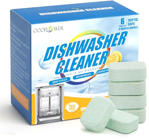 OOOFLOWER Dishwasher Cleaner Tablets-Lemon Scent(6-Pack) | 20g Upgraded Deep Cleaning Descaler,Removes Odor, Limescale & Stains, Septic Safe, Fits All Dishwasher