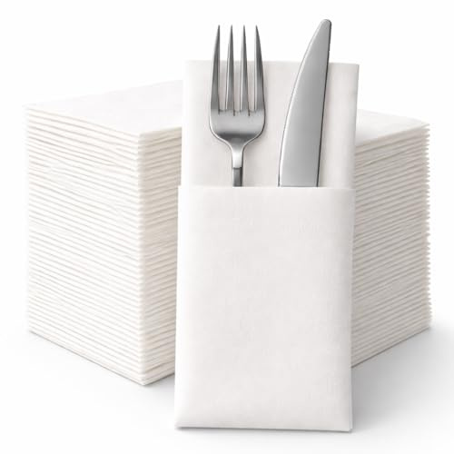 Airlaid Pocket Fold Napkins with Cutlery Insert 40x40cm – White Pre-Folded Disposable Cloth-Like Napkins, 60 GSM, Thicker, Stronger & Highly Absorbent – Ideal for Weddings, Catering & Dining (50 Pack)