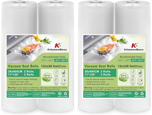 KitchenBoss Sacs Sous Vide Alimentaire:2 Rouleaux 28x600cm, Rouleau Sous Vide Alimentaire Convient à L'appareil de Mise sous Vide, Sac Sous Vide pour la Cuisson, Sachet Sous Vide Alimentaire sans BPA