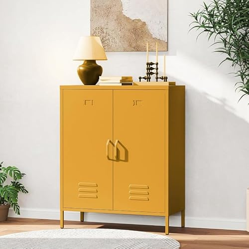 WOOW DEPOT 3 Fächer Metallkommode, 100x80x38cm, Stahl Schrank Kommode mit Doppeltür, Verstellbarer Einlegeboden, Industrial Mehrzweckschrank für Wohnzimmer & Flur, Gelb