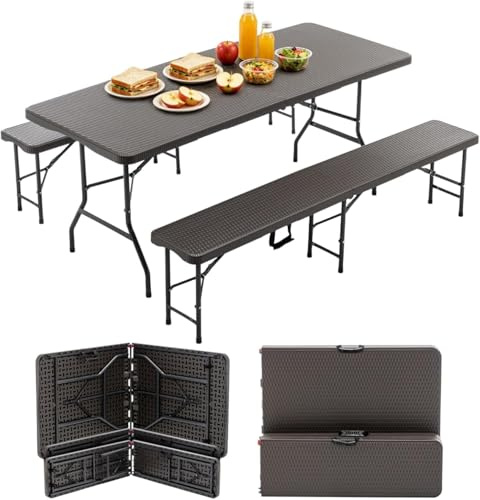 Anself Tavolo picnic pieghevole 6ft con 2 panche, set campeggio 3 pezzi, HDPE motivo legno, chiusura sicurezza, resistente UV/acqua, marrone, per attività outdoor