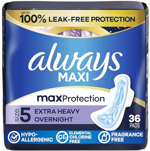 Always Maxi Overnight Pads with Wings for Women, Size 5, Extra Heavy Overnight Absorbency, Unscented, 36 Count