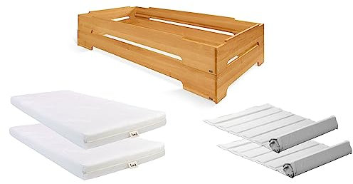 BioKinder Stapelbett Stapelliege 2er Set Kai im Set mit 2X Roll-Lattenrost im Baumwollbezug und bionik Matratze, aus zertifiziertem Massivholz Erle 90 x 200 cm