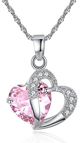 Sterling Silver Amethyst Purple Heart Crystal Pendant Necklace-Pink