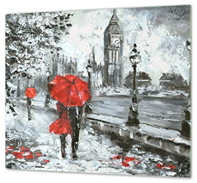Cubre vitrocerámica y tabla de cortar de cristal templado – Superficie de vidrio templado resistente – UNA PIEZA (60 x 52 cm) o DOS PIEZAS (30 x 52 cm); D13 Serie Dibujos: Big ben paraguas rojo