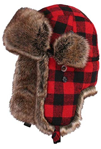 Insun Unisex Fliegermütze Warme Trappermütze Wintermütze Fellmütze Erwachsenen Winter Mütze für Herren und Damen Plaid Rot XXL Hut Umfang 60cm