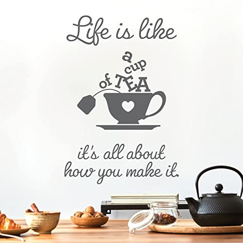 Life is like a cup of tea. It's all about how you make it - Wall Sticker Quote Kitchen Decal [Dark Grey]