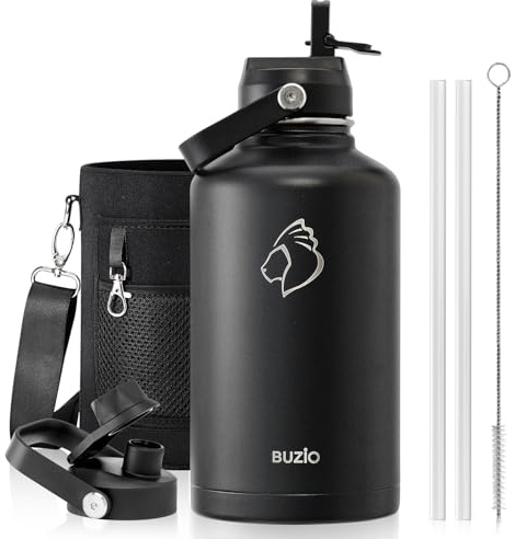 BUZIO Borraccia in acciaio inox 2L, isolamento sottovuoto, 48h freddo, senza BPA, doppia parete, per sport outdoor, escursionismo e ciclismo, Nero