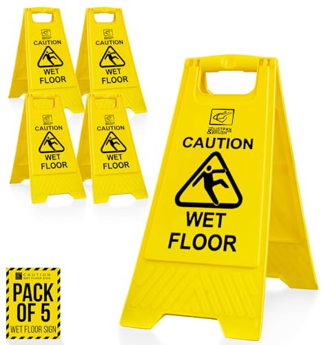 Pack of 5 Wet Floor Sign With “Caution Wet Floor” Imprint on Bright Yellow Portable and Durable A-Frame Safety Cone (5)