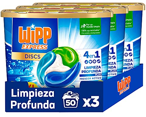 Wipp Express DISCS 4 en 1 Pack de 3 Total 150 Doses Lessive en Capsules Lessive Machine à Laver Efficace de 20 à 95°C Détachant Nettoyage Profond Plus