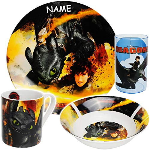 alles-meine.de GmbH 4 TLG. Geschirrset - Porzellan/Keramik - Dragons - Drachenzähmen leicht gemacht - inkl. Name - Trinktasse + Teller + Müslischale + Trinkbecher - Kindergesch..