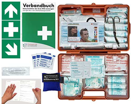 Verbandskoffer/Verbandskasten (G) Typ N -Paket 1- Erste Hilfe nach AKTUELLER DIN 13169 für Betriebe INKL. Verbandbuch + Notfallbeatmungshilfe & FOLIENAUFKLEBER