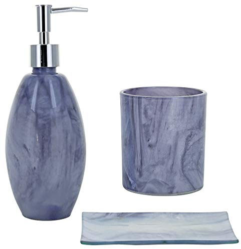 G Decor Juego de Accesorios de baño de Cristal Efecto Marvel de Color Gris Acuarela, Incluye dispensador de jabón líquido o loción, Soporte para Cepillo de Dientes, jabonera