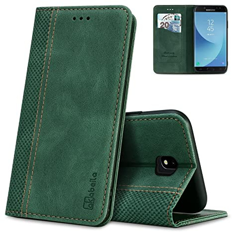AKABEILA Hülle für Samsung Galaxy J7 Pro / J7 2017 Premium Leder Flip Wallet Case mit Magnetverschluss Kickstand Kartenfächer Folio Handyhülle Cover Stoßfest Grün