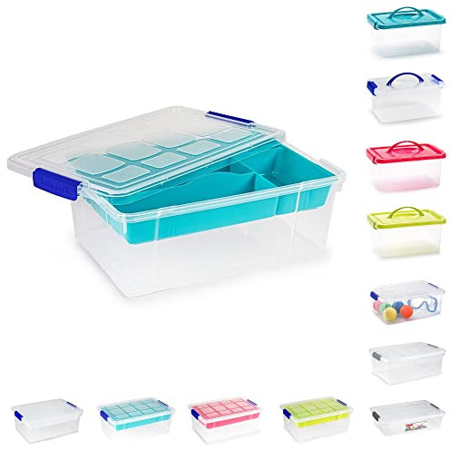 Plastic Storage Box Lightweight Robust Stackable Storage Boxes with Lid, Clear Latch Boxes, Plastic Organiser, Space Saving Solution for Home Office (9L - Storage Box with Turquoise Tray)