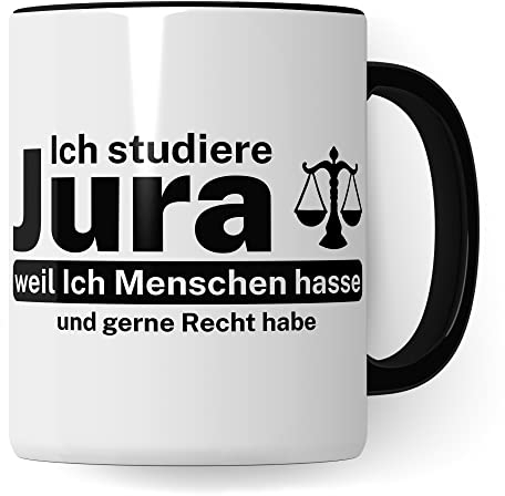 Jura Studium Tasse lustig, Geschenk für Jurastudenten Kaffeebecher, Rechtswissenschaften Student Studentin Geschenkidee Anwalt Anwältin Kaffeetasse
