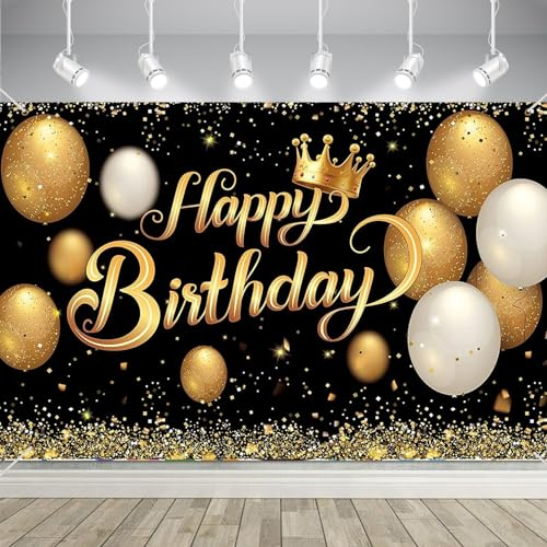 KEUGT Decorazione di Compleanno Poster con Sfondo oro Nero, Decorazione per Feste di Compleanno, Forniture per Feste di Compleanno, Dimensioni 180X115 cm