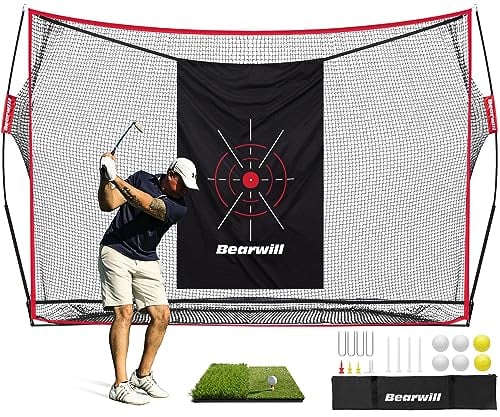 Bearwill Golf-Netz, 3 x 2,1 m, Robustes Golf-Übungsnetz mit Golfmatte, Zieltuch, 8 Golf-Tees, 6 Golfbälle, Tragetasche, Golf-Trainingsnetz für Hinterhoffahren, Chippen, Indoor-Outdoor-Training