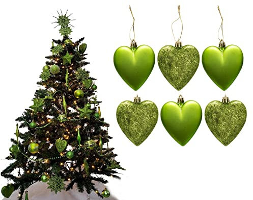6 große glitzernde und matte Herzkugeln – tolle Weihnachtsbaumschmuck, Herzkugeln (Limette)