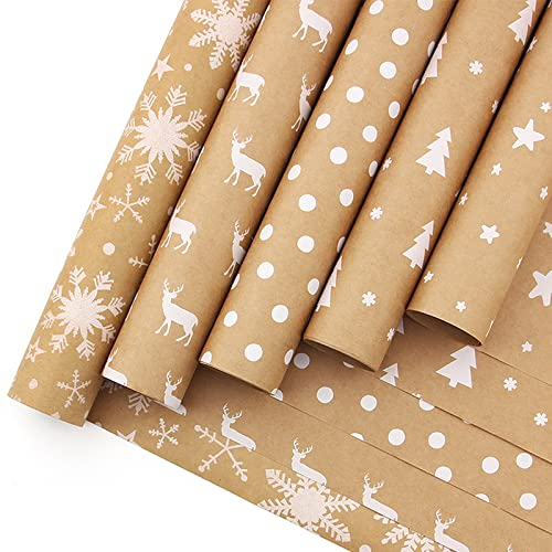 TSHAOUN Geschenkpapier Weihnachten, 5 pcs 44 * 100cm Gift Wrapping Paper Kraftpapierrolle,Geschenkverpackung 5 Verschiedene Muster für Xmas Weihnachten Papier Geschenke