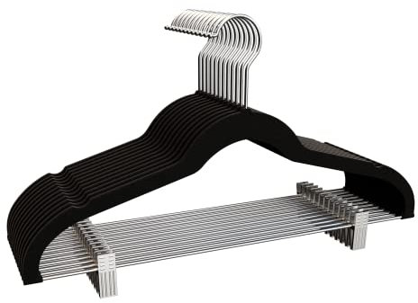 COM-FORT HOUSE | Percha Terciopelo con Pinzas | Color Negro | Antideslizantes y Resistentes | Perchas para Ropa | Ideal para Chaquetas, Pantalones o Blusas | 12 Unidades