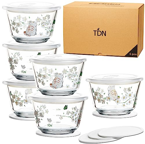 TDN Glas-Frischhaltedosen Set für Lebensmittel, 18 Teile (6 Behälter + 6 Deckel + 6 Untersetzer aus Silikon), Vielseitige Vorratsdosen für Ofen, Spülmaschinen, Mikrowellen & Gefrierschrankfreundlich