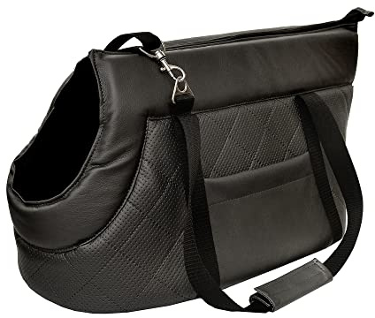 Transporttasche für Hunde und Katzen | Schultertasche für Haustiere mit Gummiband mit Karabiner | bis 10 kg | Material: Kunstleder | Größe: M | Farbe: Schwarz